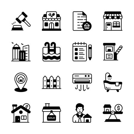 Check out our handy collection of real estate services solid style iconsのイラスト素材