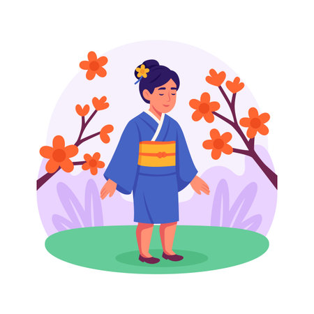 A cheerful flat illustration of a young girl wearing a vibrant kimonoのイラスト素材
