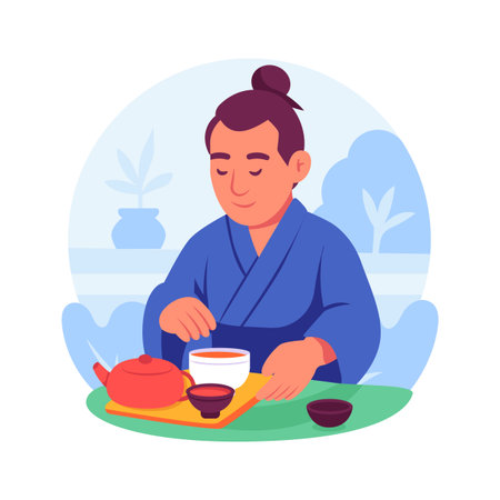 A flat illustration depicts a person in traditional Japanese kimono pouring tea.のイラスト素材