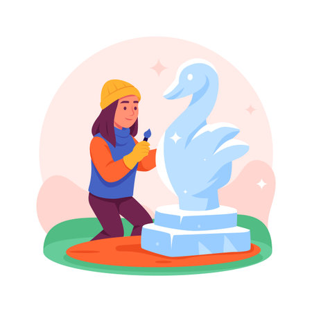 A young girl, dressed warmly in winter attire, meticulously crafts an ice swan sculpture outdoors.のイラスト素材