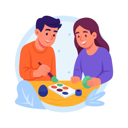 A boy and girl painting easter eggs flat illustrationのイラスト素材