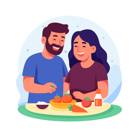 A cheerful illustration of a happy couple preparing fresh vegetables.のイラスト素材
