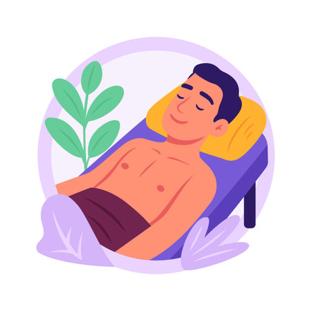 A cheerful flat illustration of a man relaxing and sleeping on a spa bed.のイラスト素材
