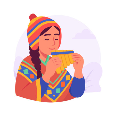 A vibrant illustration of a woman wearing traditional Andean clothing, playing a panpipe.のイラスト素材