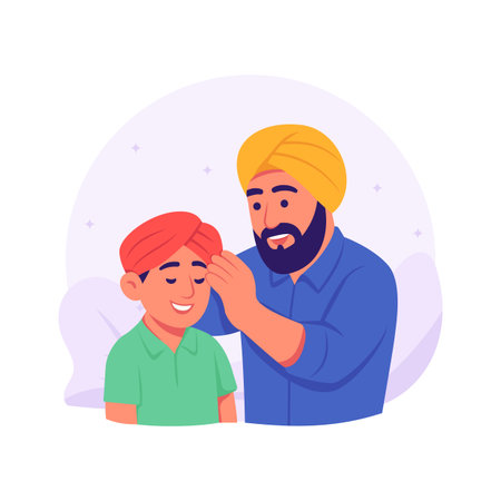 Flat illustration of a father tying turban on his son, premium vectorのイラスト素材