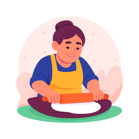 Creatively crafted flat illustration of an elderly woman gently rolling out dough with a rolling pinのイラスト素材