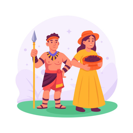 Tribal Couple Wearing Traditional Costume Holding Basket and Spearのイラスト素材
