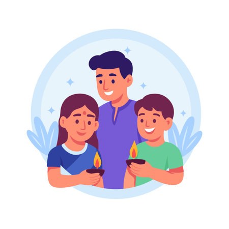 Parents and children lighting traditional oil lamps during Diwali festival.のイラスト素材