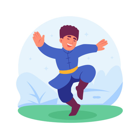 Happy young man dancing energetically at a cultural music celebration.のイラスト素材