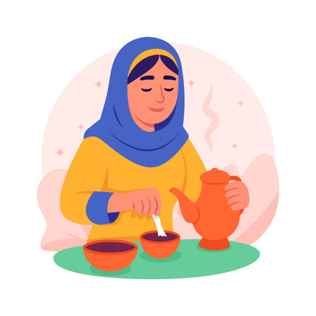 Flat illustration of a woman in hijab preparing tea, peaceful moment of hospitalityのイラスト素材