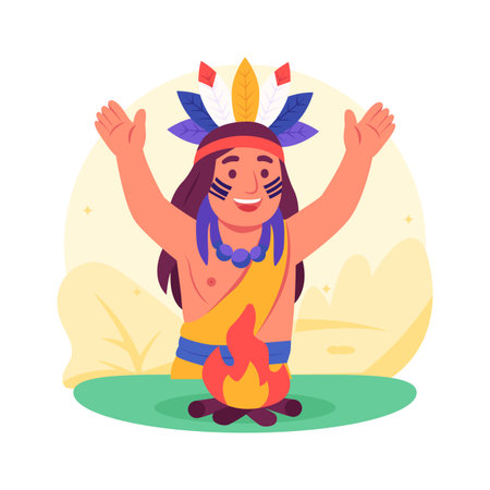 Tribal man dancing around fire at cultural heritage festival.のイラスト素材