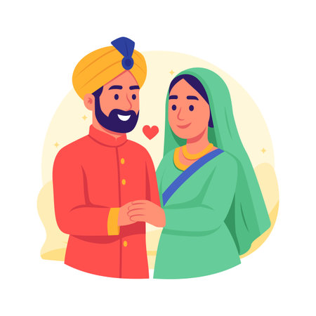 A heartwarming flat illustration of a happy couple dressed in traditional Indian clothing.のイラスト素材