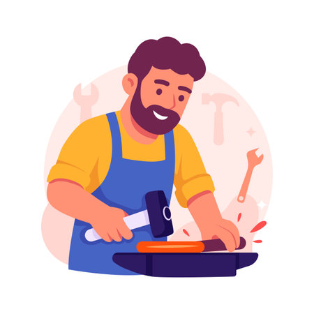 A cheerful cartoon depiction of a blacksmith or metalworker focused on his craft.のイラスト素材