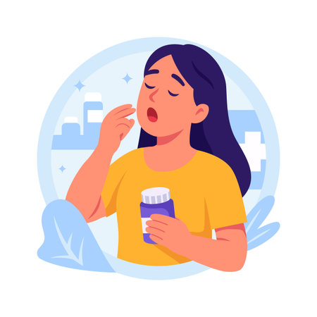 A flat illustration of a young woman taking medication, healthcare conceptのイラスト素材