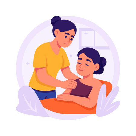 A heartwarming illustration of a woman receiving a shoulder massage from another woman.のイラスト素材