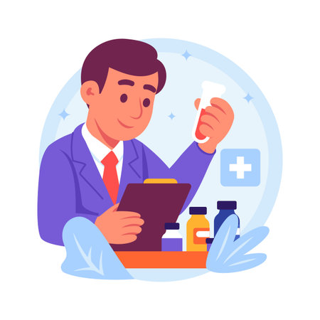 Scientist conducting experiment in a laboratory, ready to use flat illustrationのイラスト素材