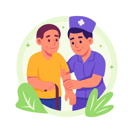 An illustration shows a nurse supporting an elderly man with a walking cane.のイラスト素材