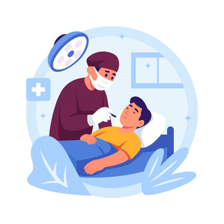 Professional illustration of a doctor examining a patient lying in a hospital bed.のイラスト素材