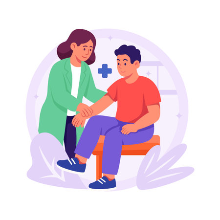 A friendly illustration depicts a female doctor examining a seated child's pulse.のイラスト素材