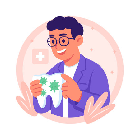A dentist displays a tooth with illustrated viruses, ready to use flat illustrationのイラスト素材