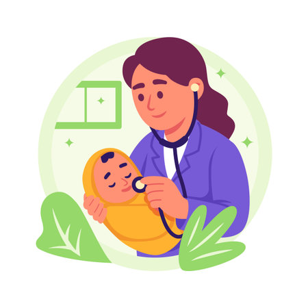 Well designed flat illustration of a pediatrician examining a baby in a clinicのイラスト素材