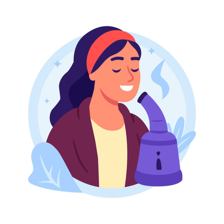Illustration of a woman with closed eyes, inhaling steam from a vaporizer.のイラスト素材