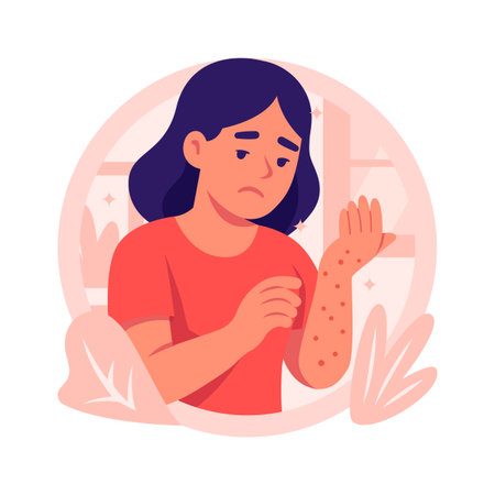 A flat illustration of a woman with a worried expression, examining a rash on her arm.のイラスト素材