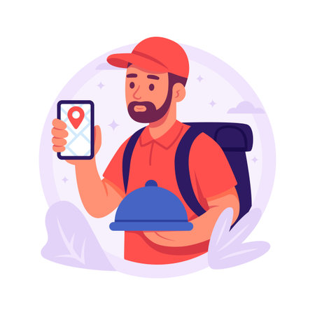 A delivery boy carries backpack with food order for customer, flat illustrationのイラスト素材