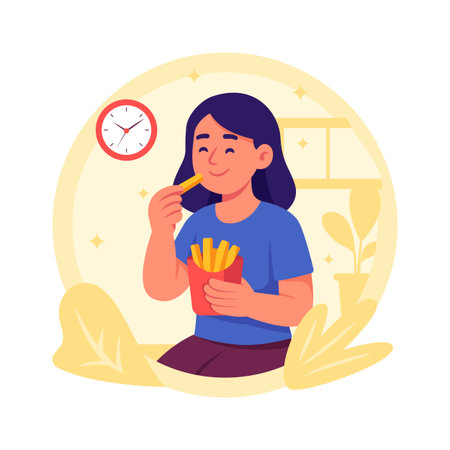 A woman enjoys eating delivered food during lunchtime, flat illustrationのイラスト素材