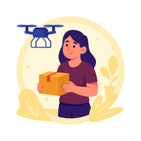 Woman receives package box delivered by flying drone courier, flat illustrationのイラスト素材