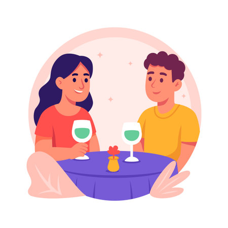 A young couple enjoying a romantic dinner at a restaurant, flat illustrationのイラスト素材