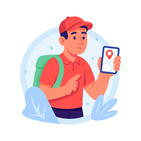 Bearded courier shows order confirmation on mobile delivery app.のイラスト素材