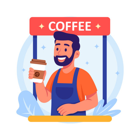 A flat illustration of a barista stands behind a simple coffee stand, holding a coffee cup.のイラスト素材