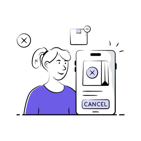 A woman is depicted looking at a smartphone displaying an order cancellation confirmation screen.のイラスト素材