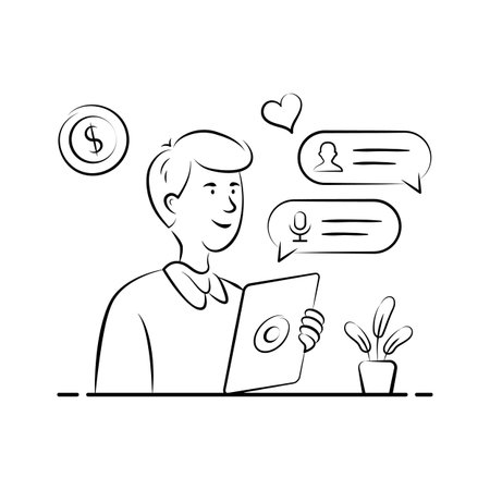 Hand drawn ecommerce illustration showing customer chatting with supportのイラスト素材