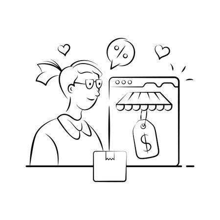 Woman shopping online with discounts and deals, hand drawn illustrationのイラスト素材