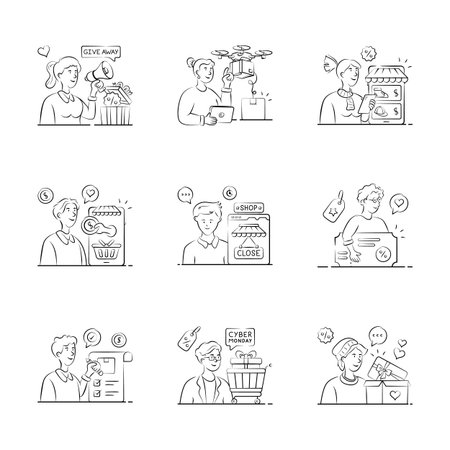 Creatively crafted online shopping and delivery hand drawn illustration set, ready for premium useのイラスト素材