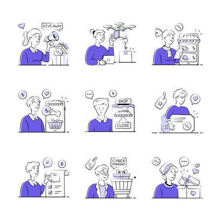 Creatively crafted online shopping and delivery hand drawn illustration set, ready for premium useのイラスト素材