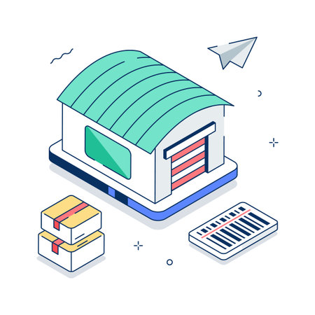 This vibrant isometric illustration depicts a modern warehouse facilityのイラスト素材