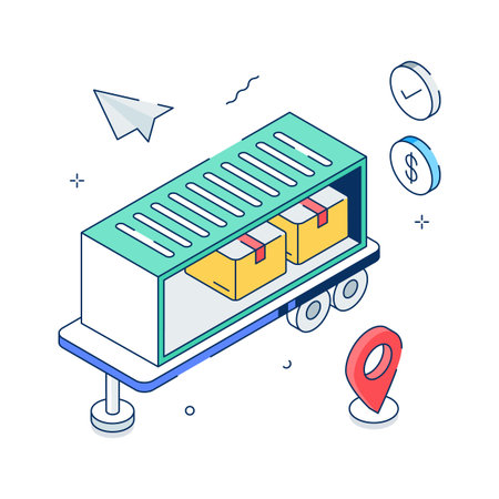 A vibrant isometric illustration depicts a modern freight container truck loaded with packagesのイラスト素材