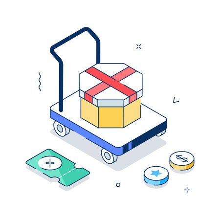 An isometric illustration of a hand truck carrying a gift boxのイラスト素材