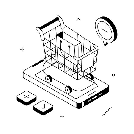 Shopping cart on smartphone, concept isometric illustration of add to cartのイラスト素材