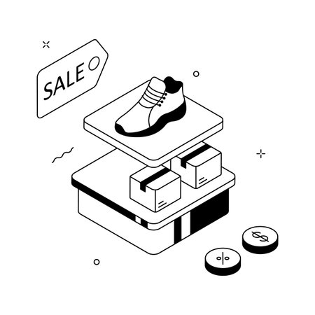 Isometric illustration of a shoe sale display with packagesのイラスト素材