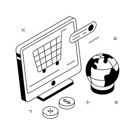 An isometric illustration showcasing the concept of global e-commerce.のイラスト素材