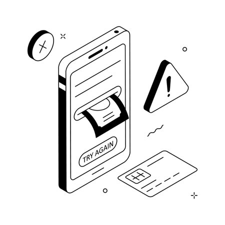 An isometric illustration depicting a smartphone with a failed online payment transactionのイラスト素材