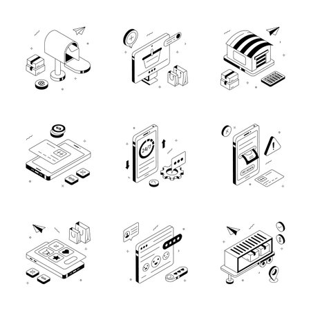 A collection of isometric icons depicting various stages of Ecommerce and logisticsのイラスト素材