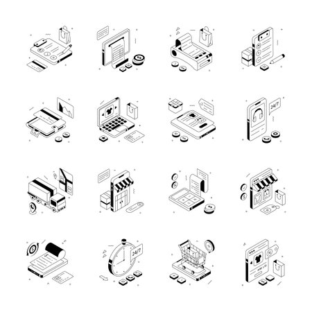 A collection of isometric illustrations depicting various Ecommerce and retail processesのイラスト素材