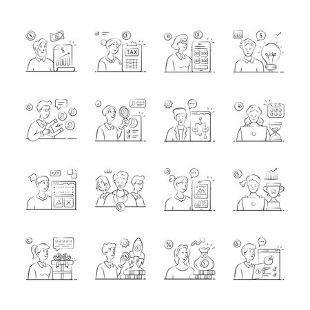 A set of hand drawn illustrations depicting various business processes and collaboration scenarios.のイラスト素材