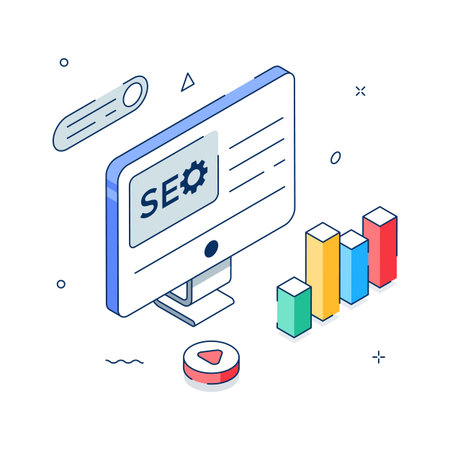 SEO marketing concept isometric illustration with search and growth metricsのイラスト素材