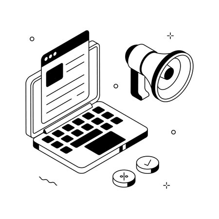Isometric illustration of a laptop and a megaphone, symbolizing digital content marketing.のイラスト素材